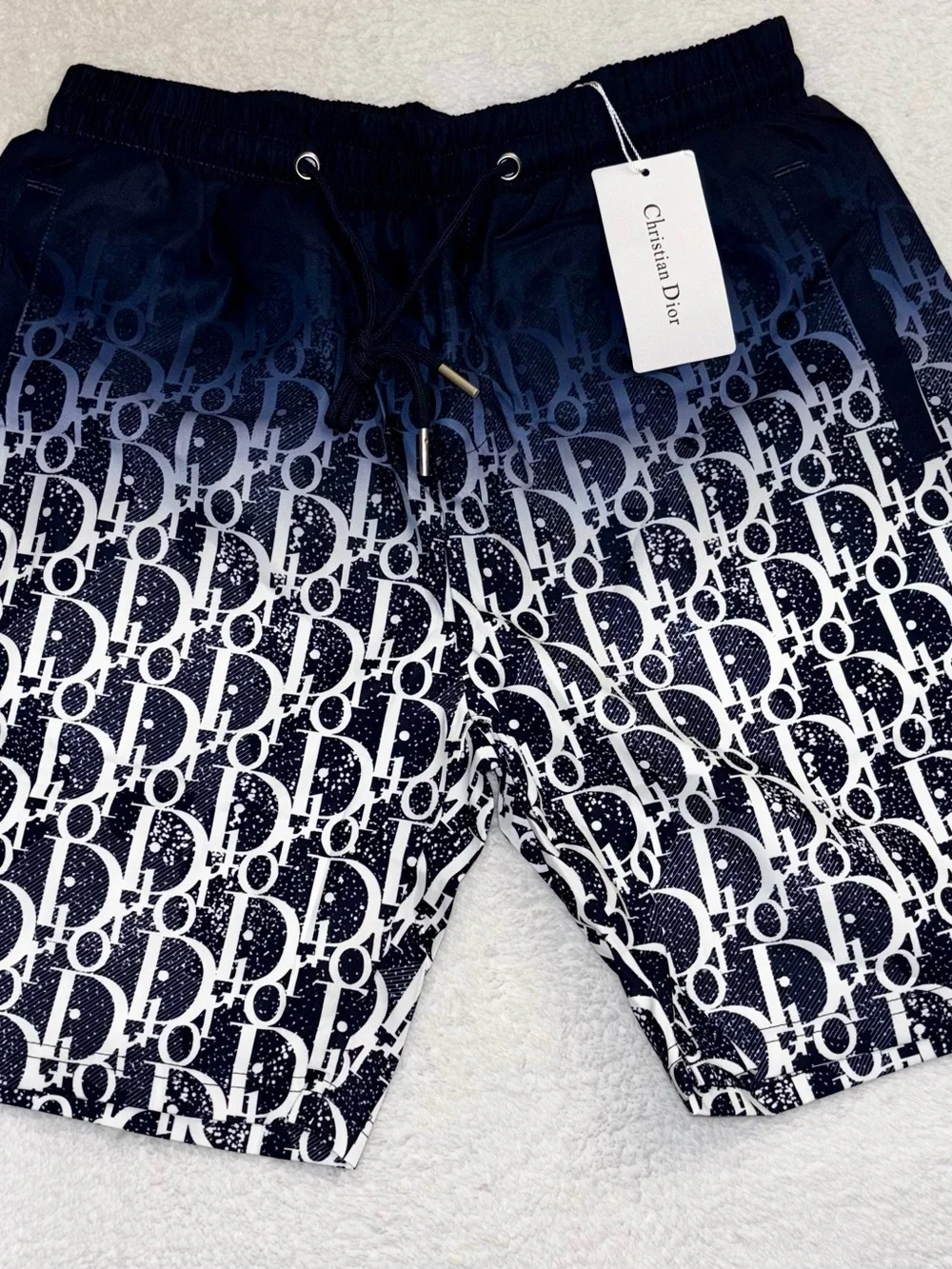 Men's Ombre Navy Print Swim Trunks with Drawstring read 👇